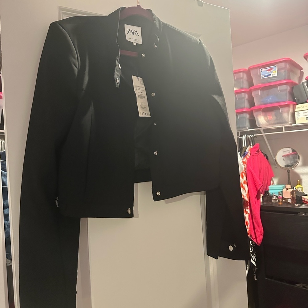 Zara Women's Chic Black Motto Collar Jacket
